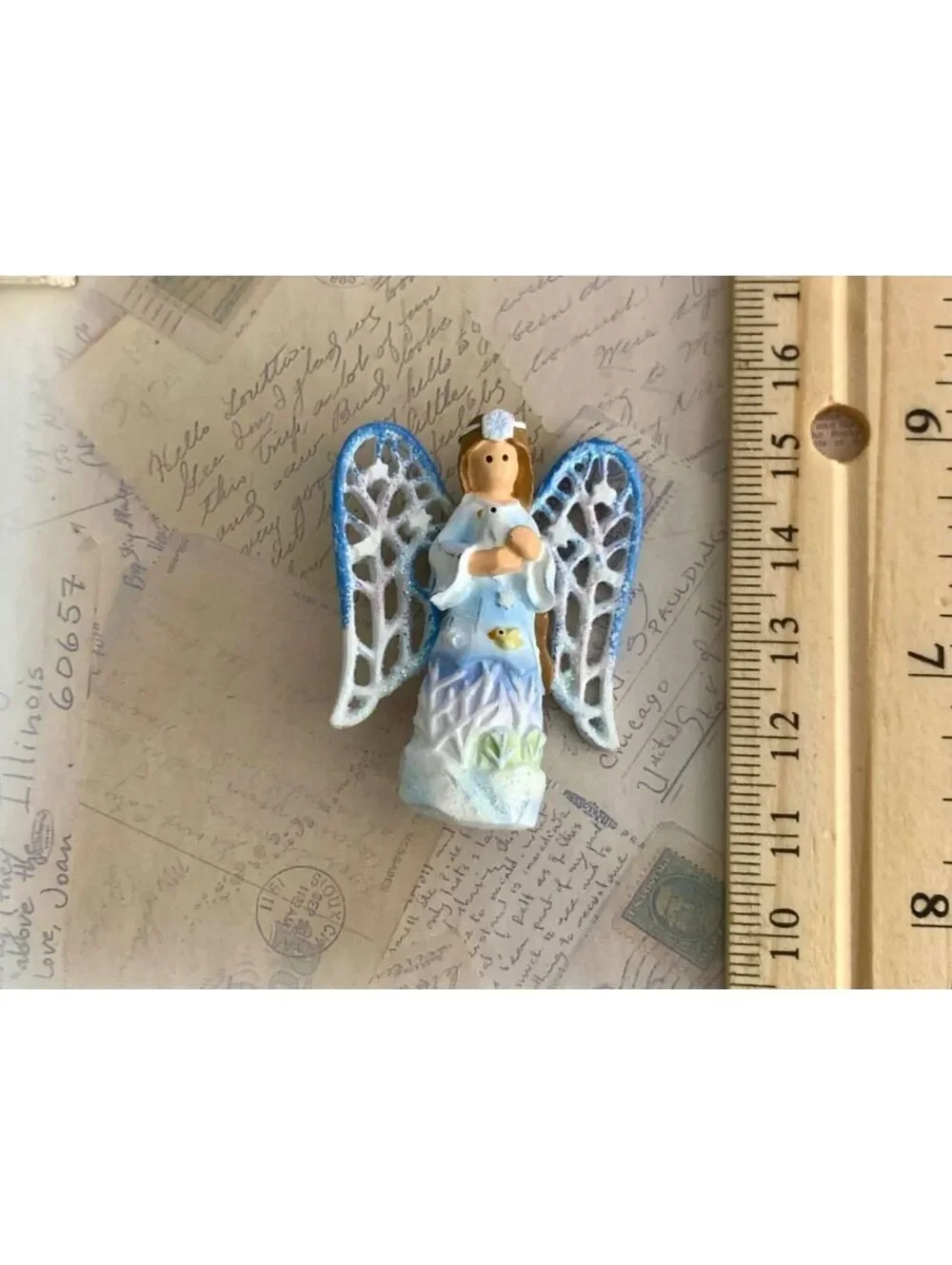 Vintage Whimsical Angel Brooch with Delicate Blue and White Wings